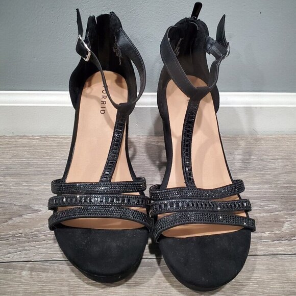 Torrid Women's Sz 10 WW Black Wedge Heels Back Heel Zipper Open Toe Rhinestones - Picture 2 of 15